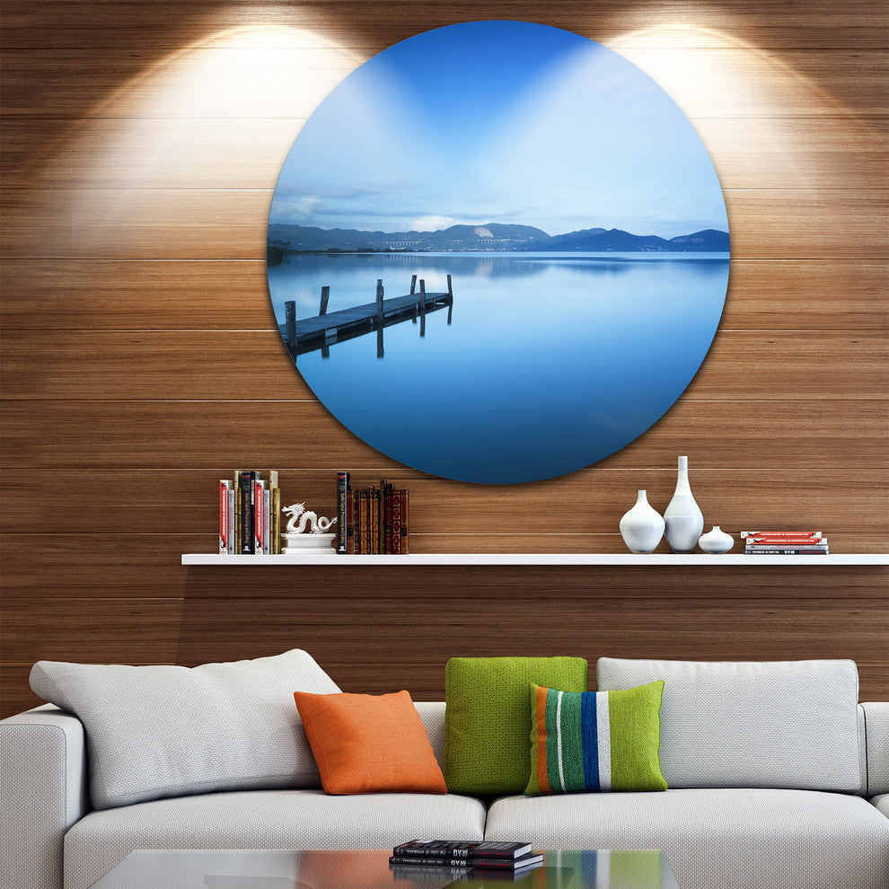 Bright Blue Sky With Pier, Seascape Photo Round Wall Art, 11"