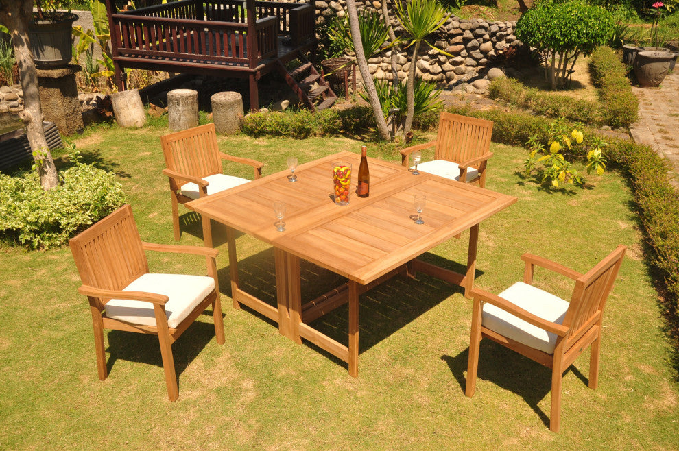 5-Piece Outdoor Teak Set: 60" Square Butterfly Table, 4 Leveb Stacking Arm Chair
