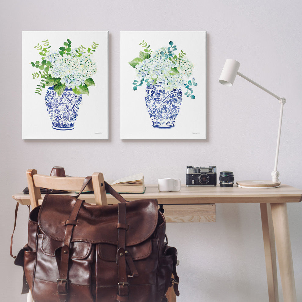 Blue Floral Bouquets Lush Green Botanicals Ornate Pot,2pc, each 24 x 30