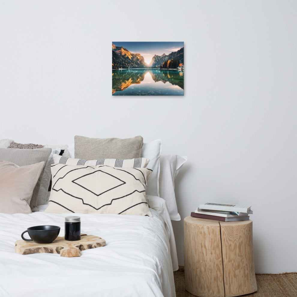 Sunrise Misty Mountain Lake Lively Color Landscape Photo Canvas Art Print, 18" X 24"