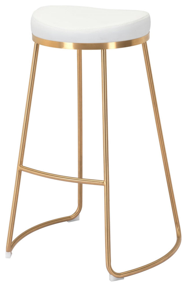 Bar Stool Chair Barstool, Set of 2, Faux Vinyl Leather, Steel, White, Gold