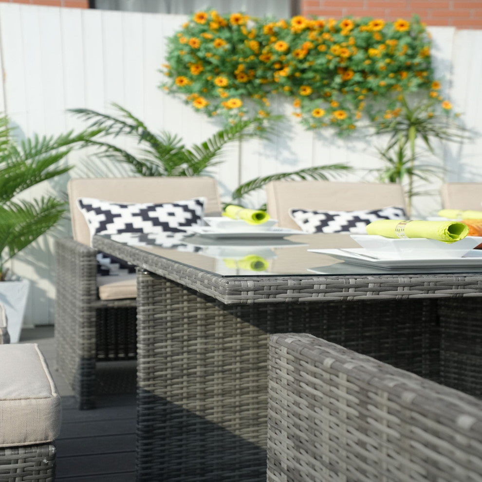 10-Seat Outdoor Rectangular Long Dining Wicker Set, Gray