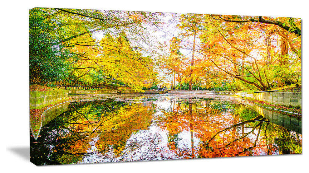 Bright Fall Forest with River, Large landscape Canvas Art Print, 60"x28"