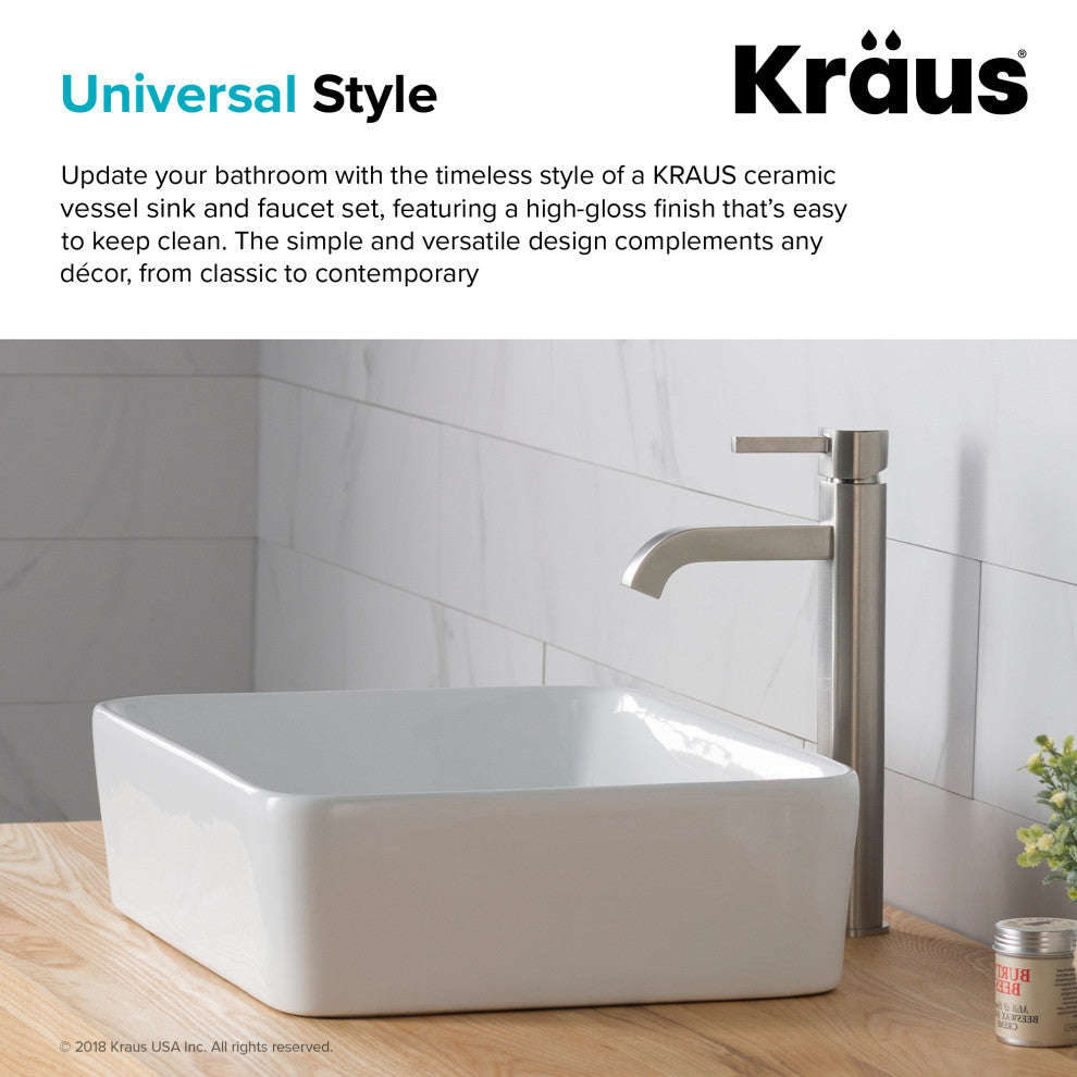 Elavo Square Ceramic Vessel Sink, Bathroom Ramus Faucet, PU Drain, Satin Nickel