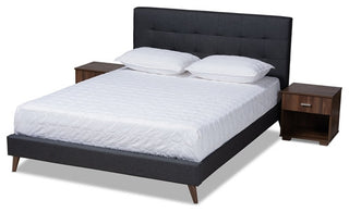 Modern Dark Grey Fabric Upholstered Full Size Platform Bed with 2-Nightstand