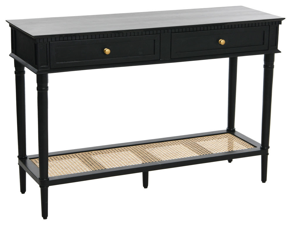 Maxwelton Solid Wood Console Table With 2 Drawers and Woven Cane Storage Shelf, Black