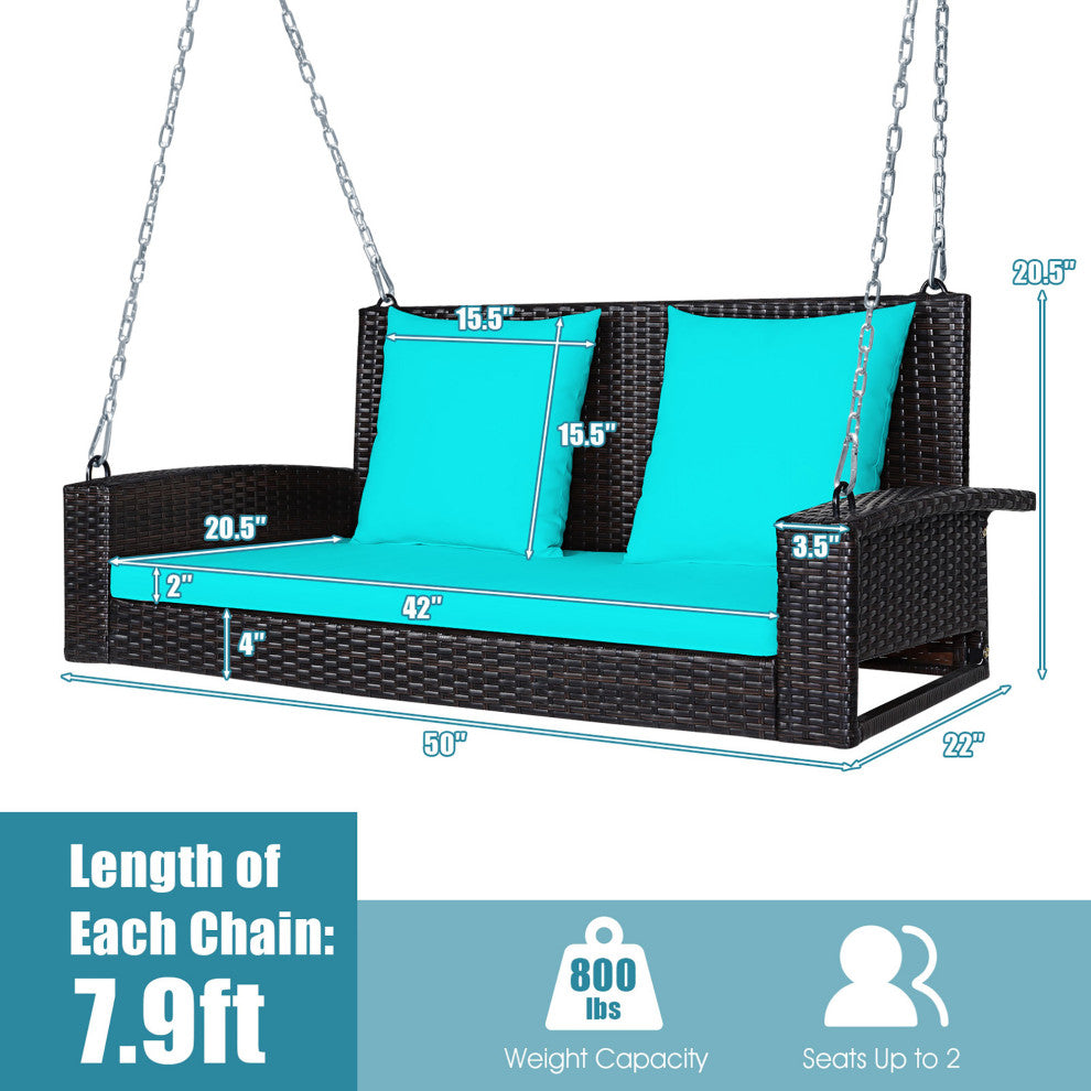 Costway 2-Person Patio Rattan Hanging Porch Swing Bench Chair Cushion Turquoise