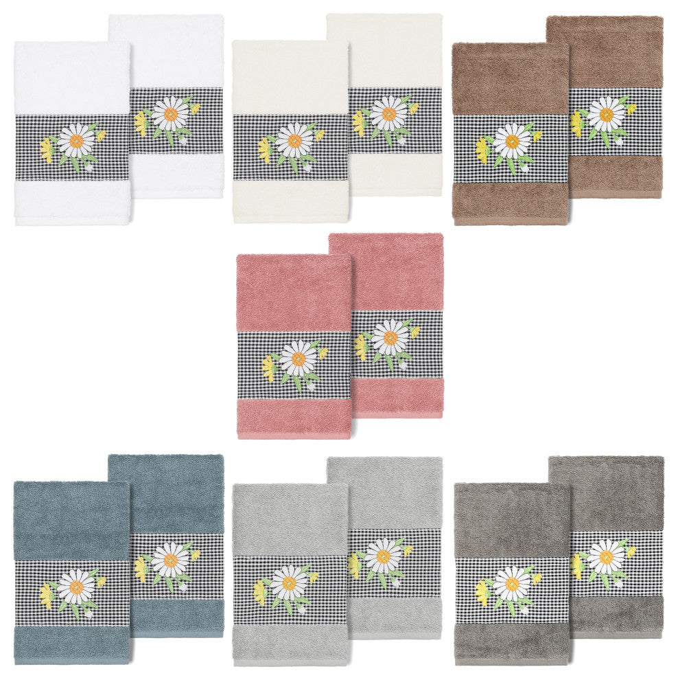 Linum Home Turkish Cotton Daisy 2-Piece Embellished Hand Towel Set, Cream