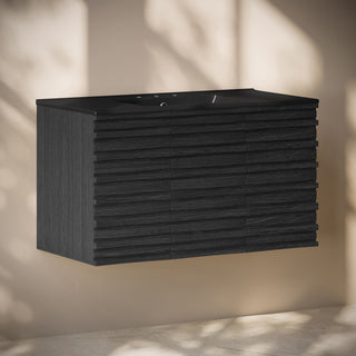 Cascade 36" Wall-Mounted Bath Vanity, Black Oak, Black Widespread Sink Top