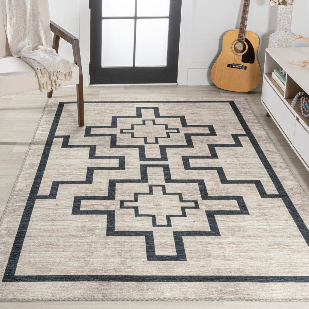 Ashkii Minimalist Medallion Machine-Washable Area Rug, 3 X 5