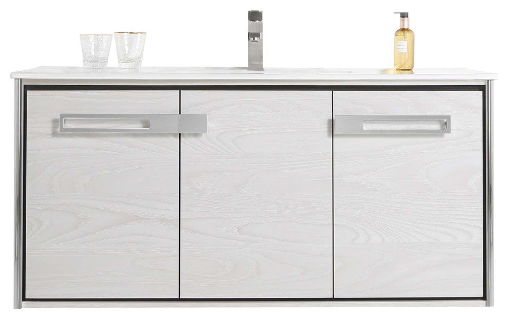 Oakville Wall Mount Bathroom Vanity, Mild Grey Oak, 48", Chrome Hardware