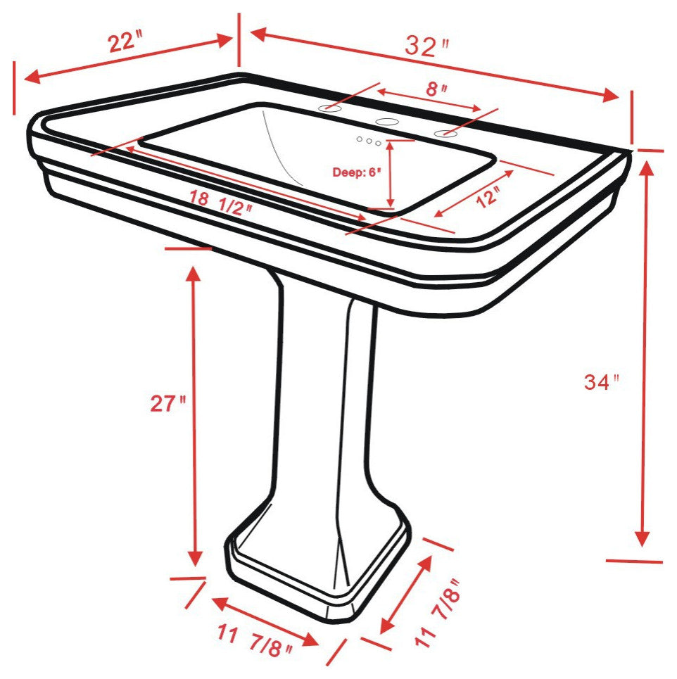 White Large Vitreous Victorian Pedestal Sink with Widespread Black Belle Faucet