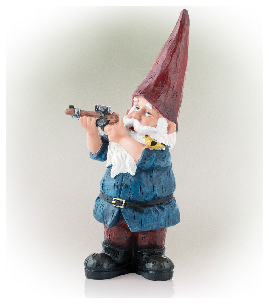 12" Tall Outdoor Hunting Garden Gnome with Blue Shirt Yard Statue, Multicolor