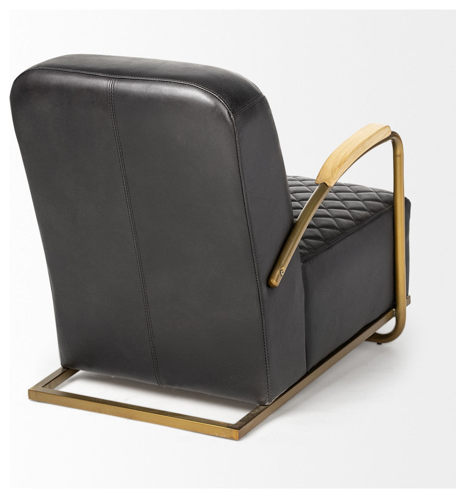 Black Leather Diamond Pattern Gold Club Chair