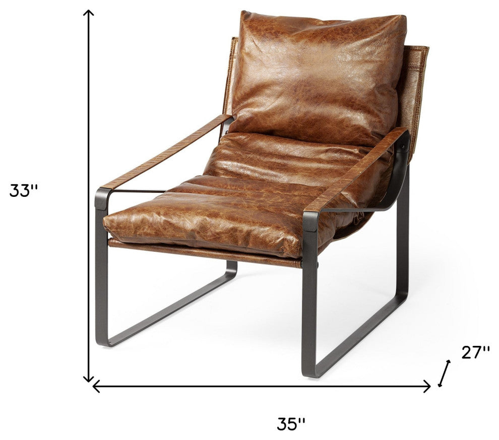 35" Brown and Black Leather Distressed Lounge Chair