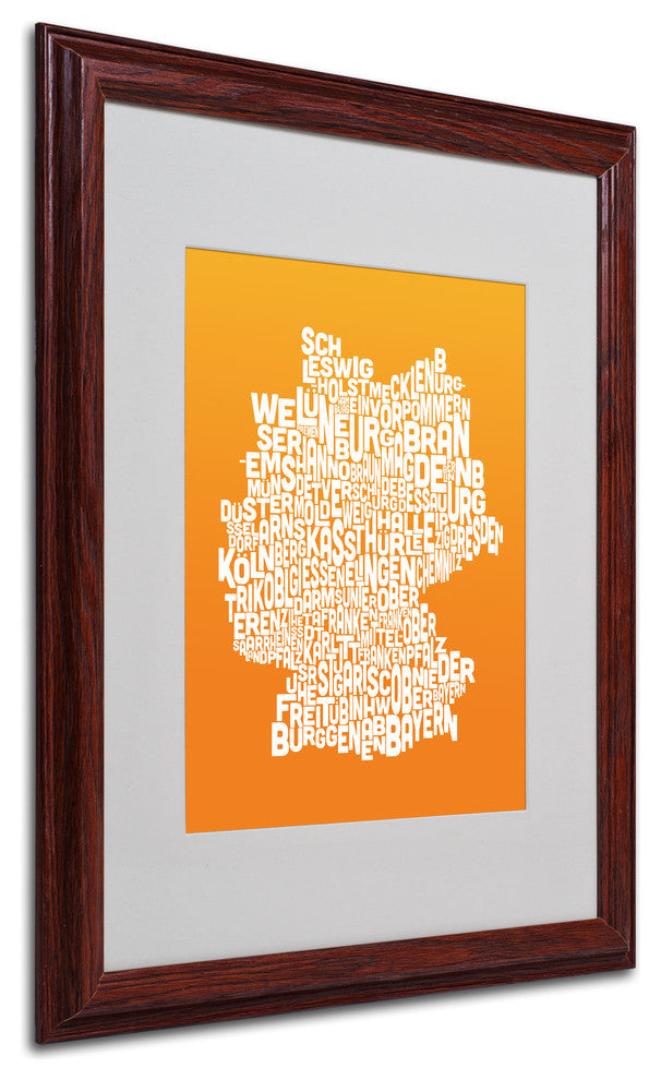 'Germany Regions Map - Orange' Matted Framed Canvas Art by Michael Tompsett