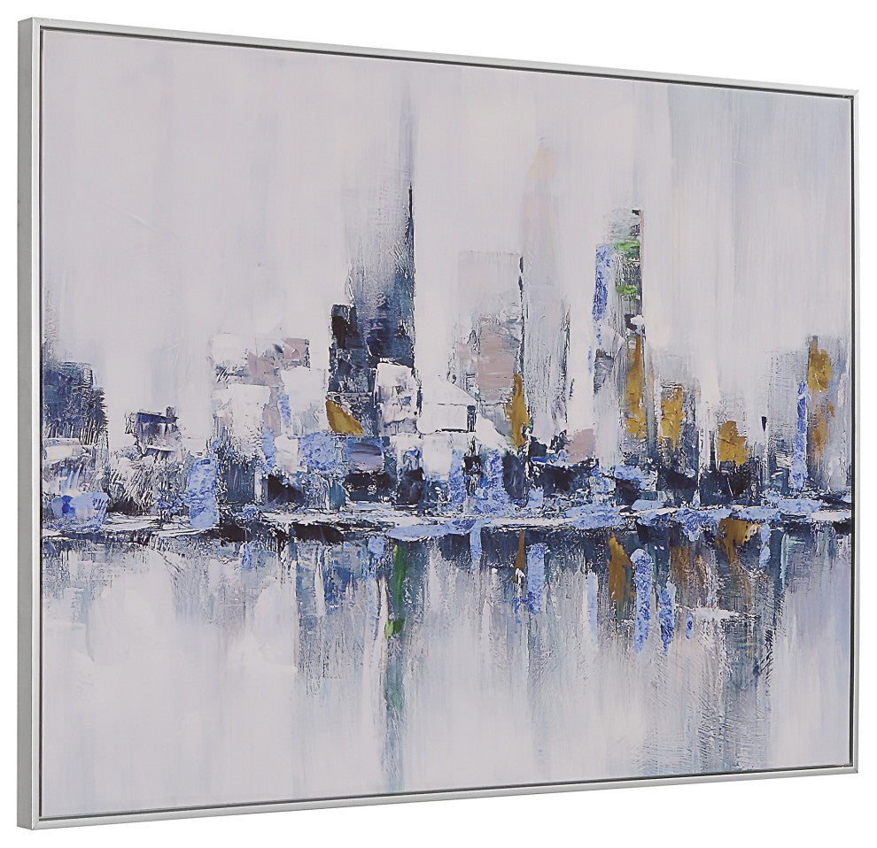 Cityscape Abstract Wall Art 24x32 With Silver Frame, Teal