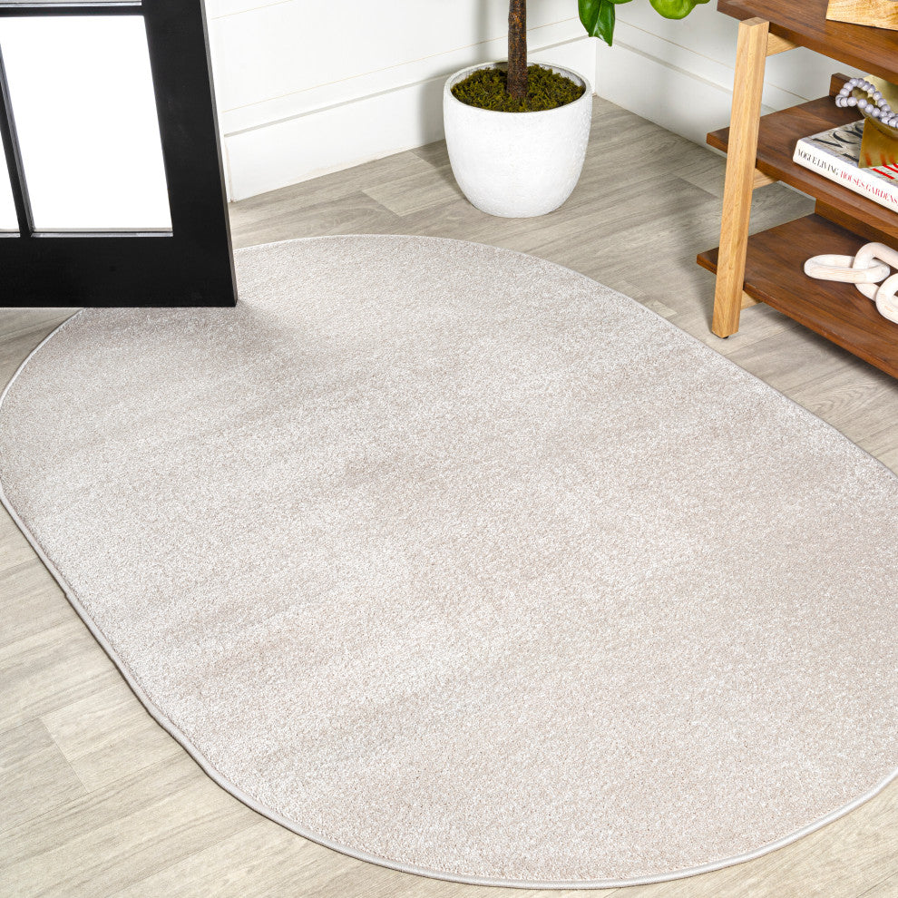 Haze Solid Low-Pile Runner Rug, Ivory, 3 X 5 Oval