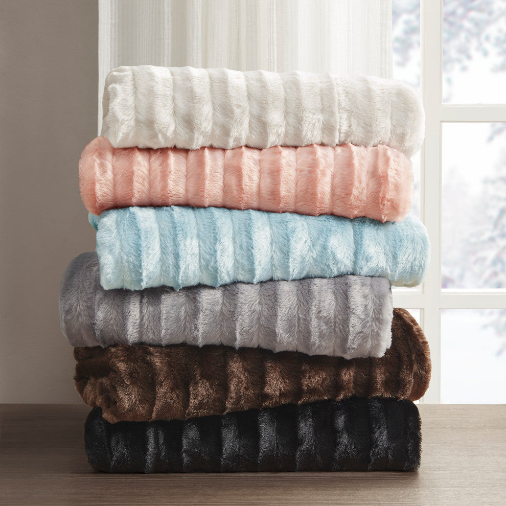 Madison Park Solid Stripe Plaited Brushed Long Fur Knitted Throw, Black