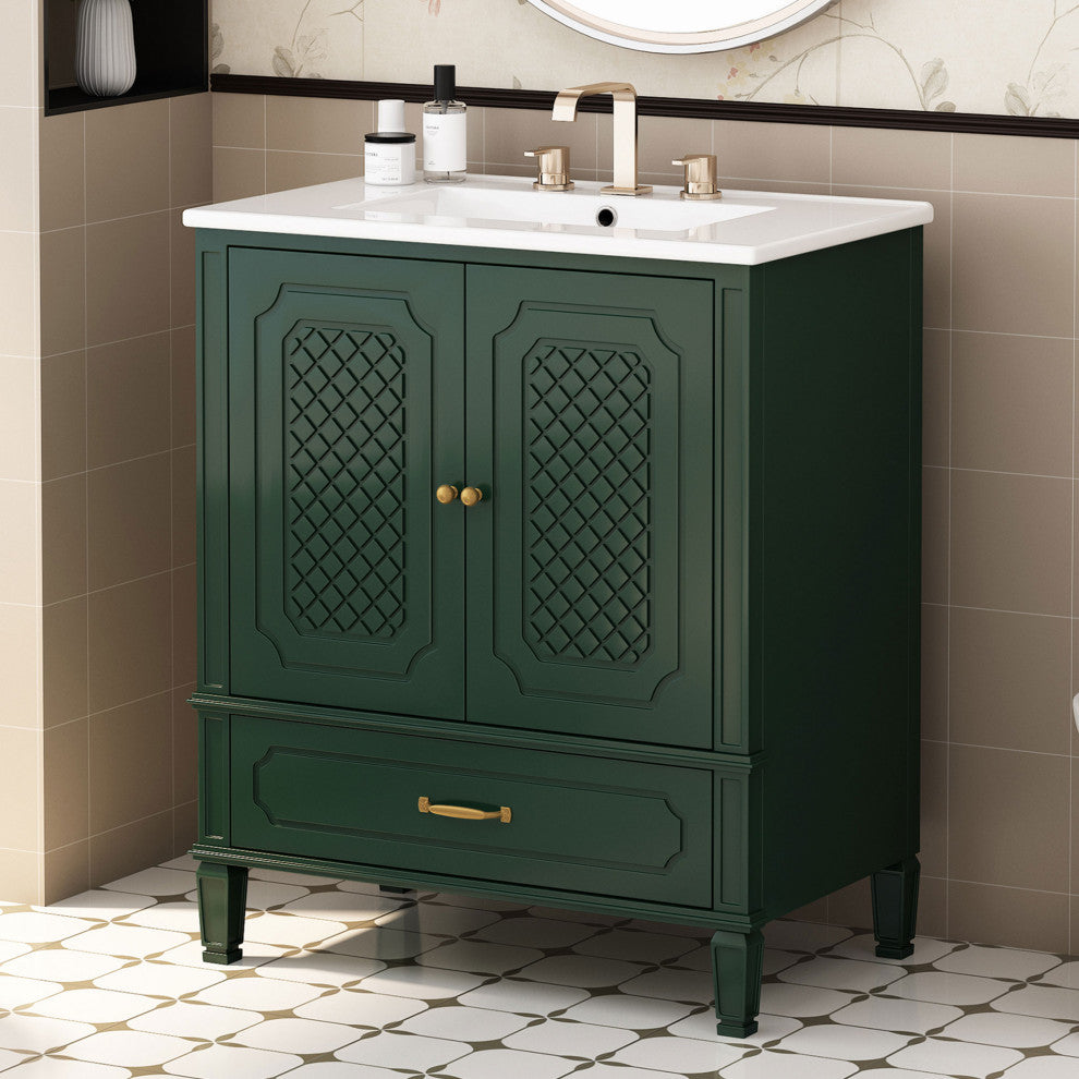 GDF Studio 30" Vintage Vanity With Sink, Drawer & Adjustable Shelf, Dark Green