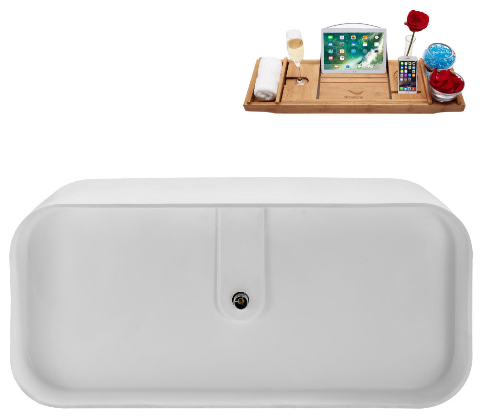 59" Streamline NS5780CH Matte White Stone Resin Bathtub, Tray With Chrome Drain