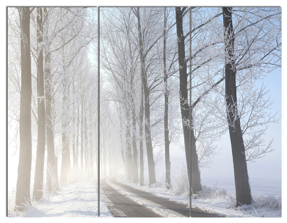 Winter Rural Road on Misty Morning, Forest Canvas Art Print, 36x28, 3 Panels