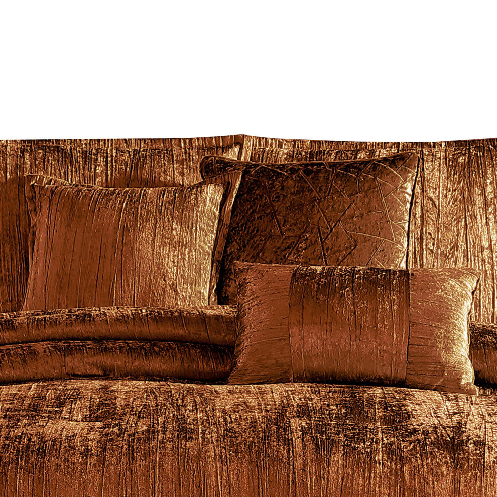 Benzara BM283900 Jay 7 Piece King Comforter Set, Copper Polyester Velvet Texture