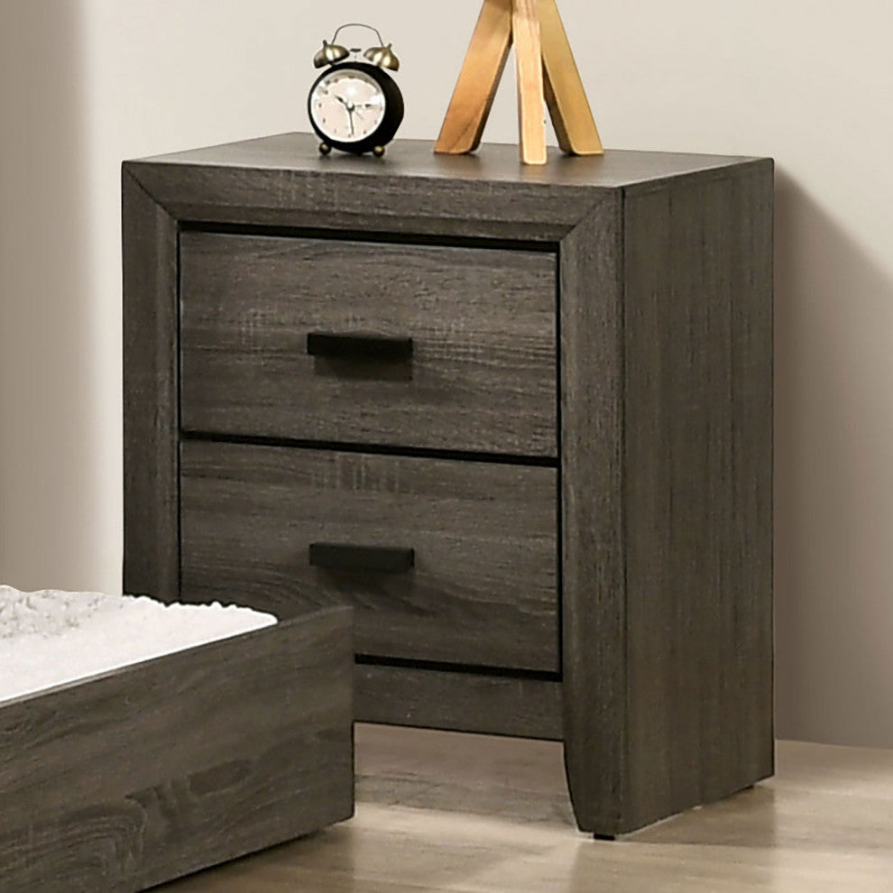 2 Drawers Wooden Nightstand With Black Rectangular Pulls, Gray