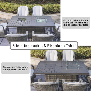 7-Piece Patio Sofa Set with Firepit and Ice Container Dining Table, Grey