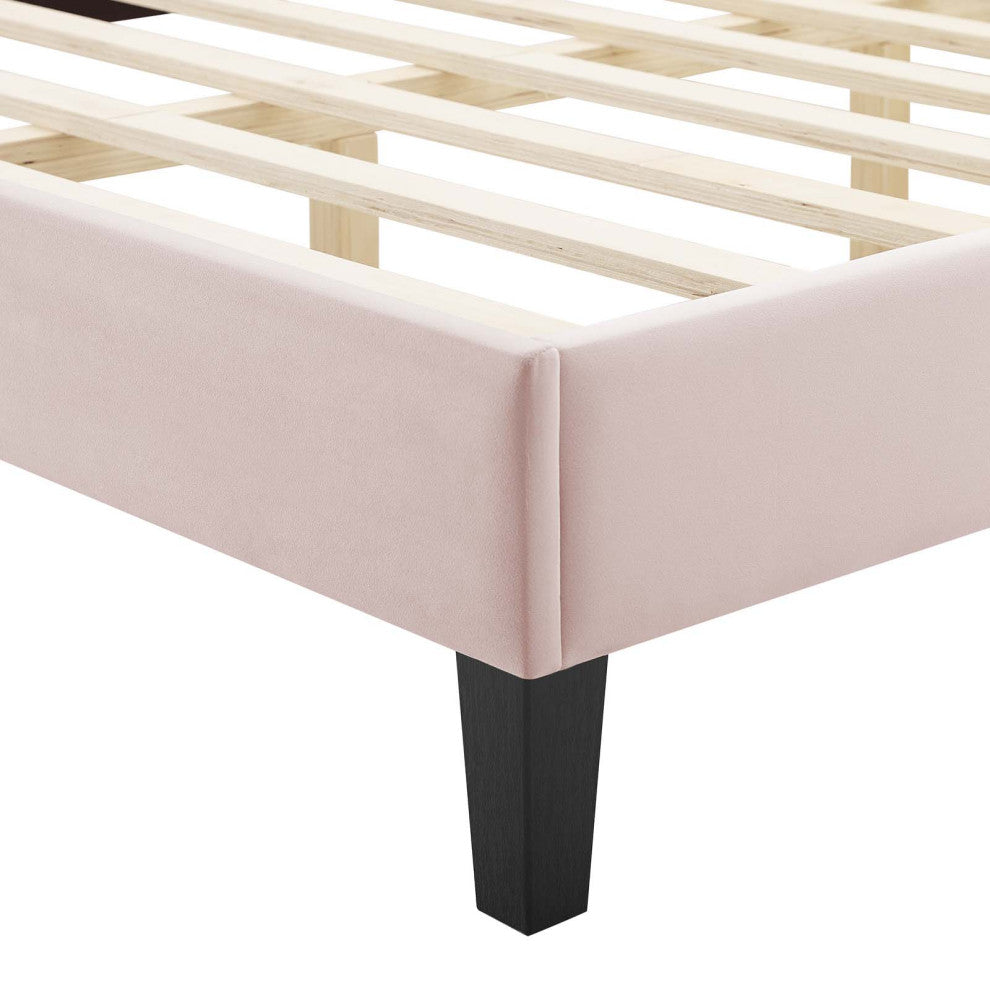 Tufted Platform Bed Frame, Twin Size, Velvet, Pink, Modern Contemporary, Bedroom