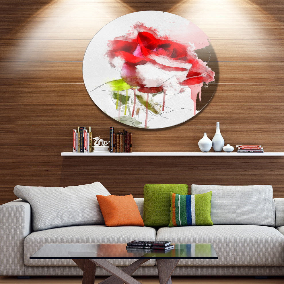 Red Rose Sketch With Red Splashes, Floral Disc Metal Artwork, 23"