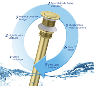 Bathroom Sink Pop Up Drain Stopper, 12" Tailpiece Without Overflow, Brushed Gold