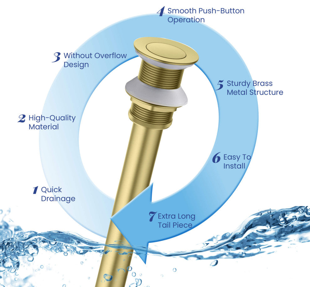 Bathroom Sink Pop Up Drain Stopper, 12" Tailpiece Without Overflow, Brushed Gold