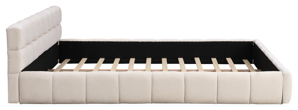 Alice Chenille Upholstered Platform Bed With Checkerboard Design, Beige, King