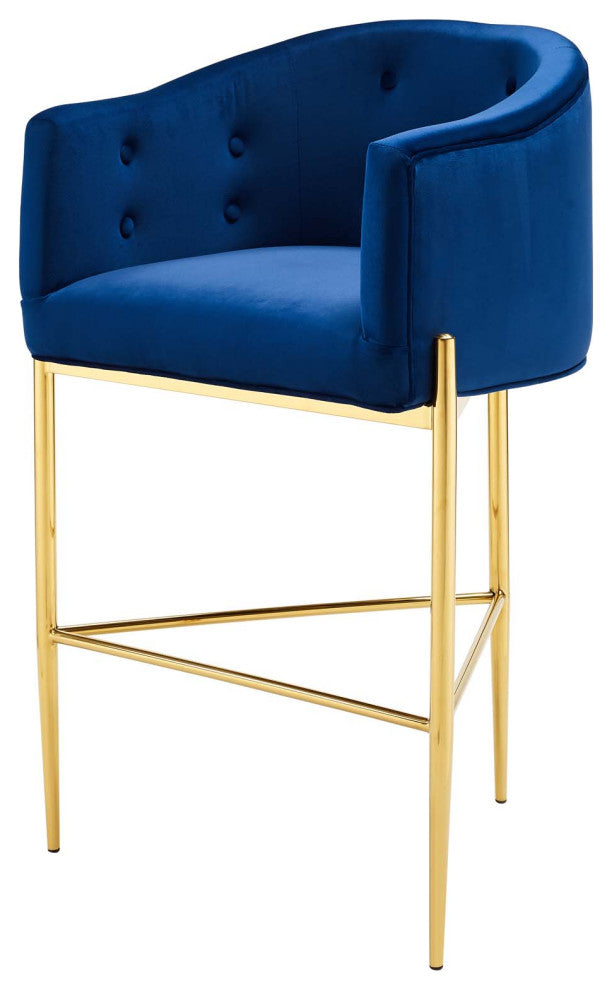 Tufted Bar Stool Chair Barstool, Set of 2, Velvet, Blue Navy, Pub Cafe Bistro