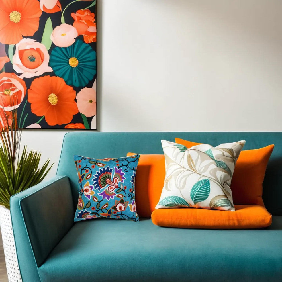 Turquoise Floral Pillow Cover Hand Embroidered Modern Design Wool 18x18