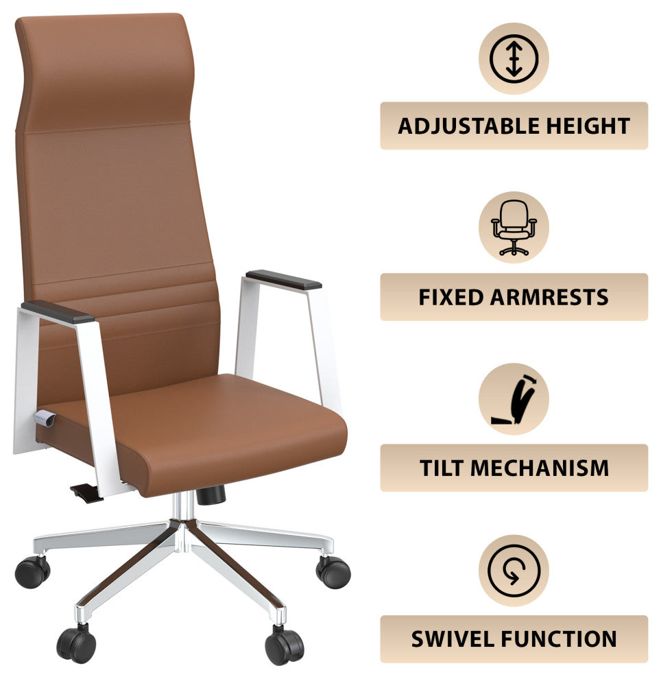 LeisureMod Aleen High-Back Leather Office Chair With Swivel and Tilt, Dark Brown