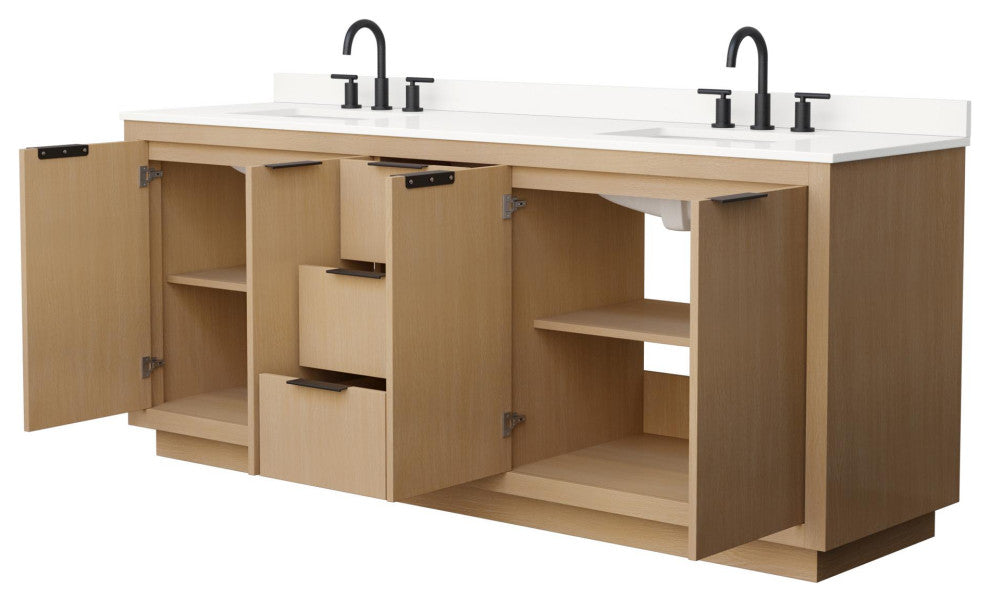 Maroni 80" Light Straw Double Vanity, White Quartz Top, 3-Hole, Black Trim