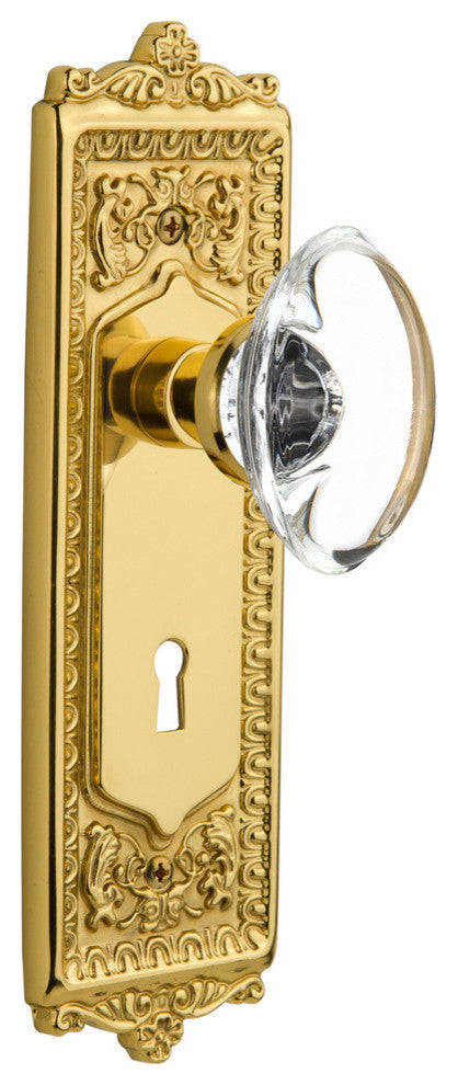 Single Egg & Dart Plate With Oval Clear Crystal Knob, Polished Brass