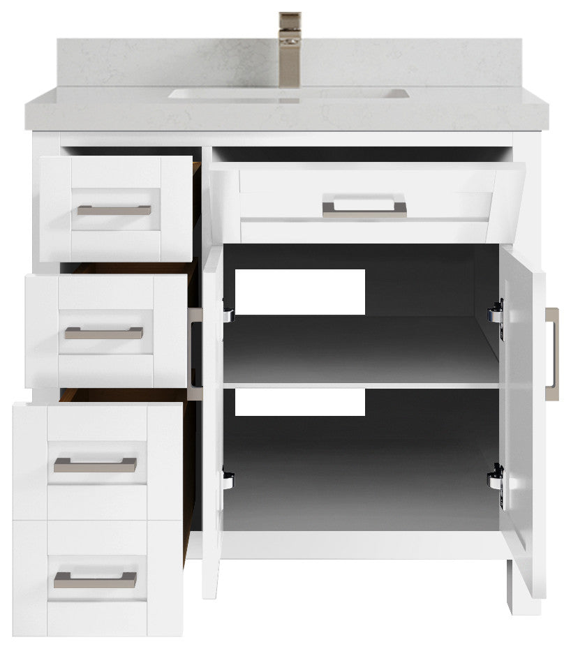 Cambridge 36 Center Sink Bath Vanity in White 2" Carrara Quartz
