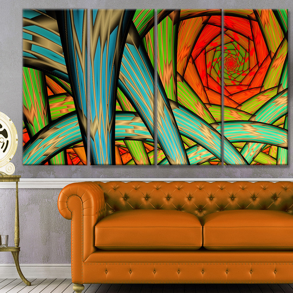 Green Fractal Endless Tunnel, Abstract Canvas Art Print, 48"x28", 4 Panels