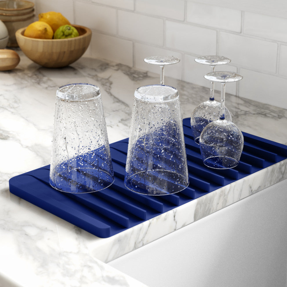 Self-Draining Silicone Dish Drying Mat or Trivet for Kitchen Counter Dark Blue