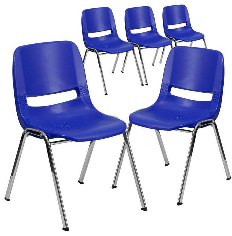 Set of 5 Multipurpose Stack Chairs, Chrome Frame With Vented Plastic Back, Navy