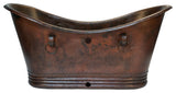 72" Hammered Copper Double Slipper Bathtub, Rings, Overflow Holes & Drain