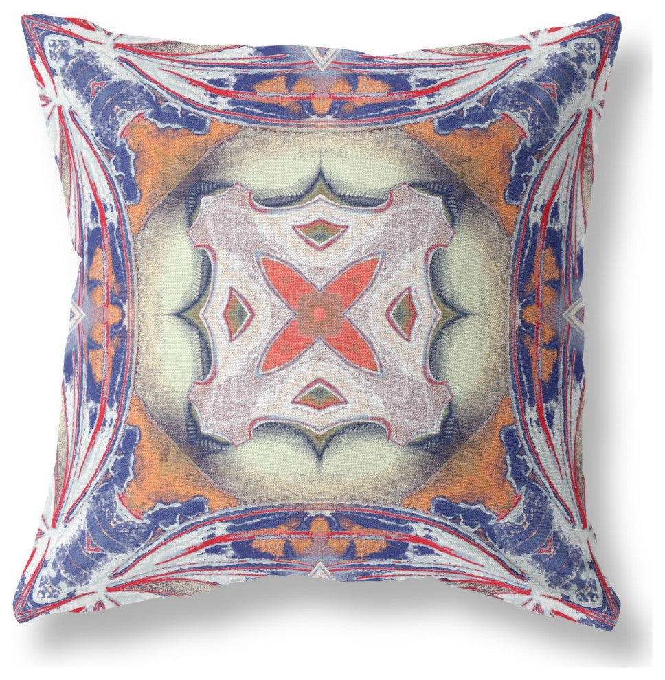 16" Pale Orange Blue Geo Tribal Suede Throw Pillow