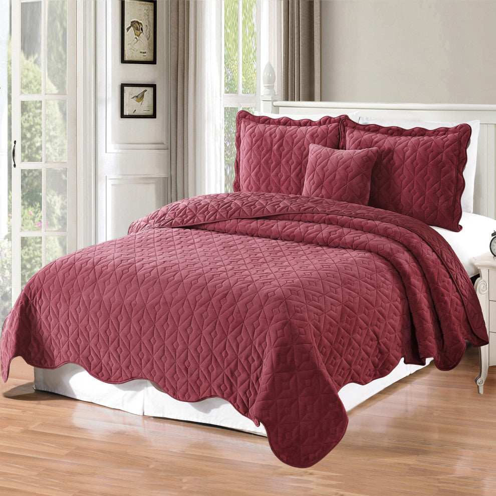 Diamond Square Quilted Coverlet 4-Piece Bedspread Set, Brick, King