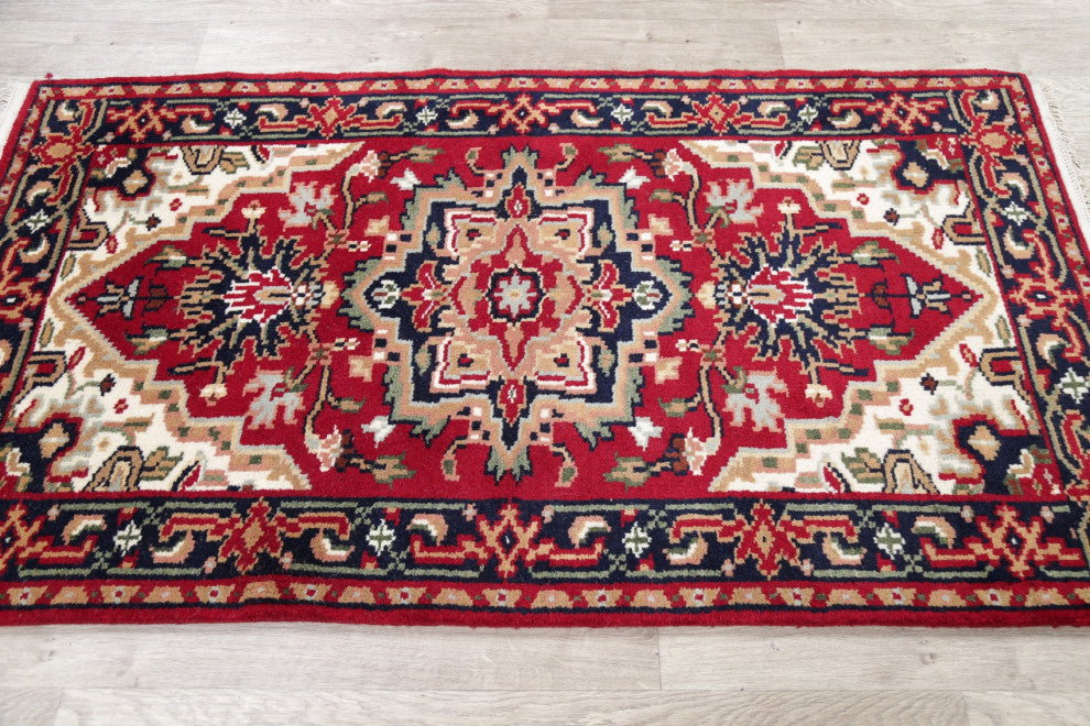 Hand-Knotted Heriz Oriental Traditional Indian Area Rug, Red, 5'4"x3'0
