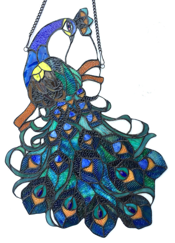 GLORY Tiffany-glass Peacock Window Panel 17x25