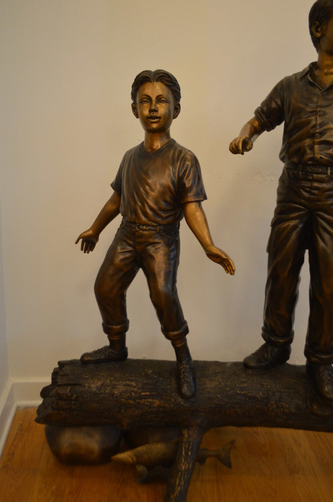 Three Kids With A Dog On A Log Bronze Statue