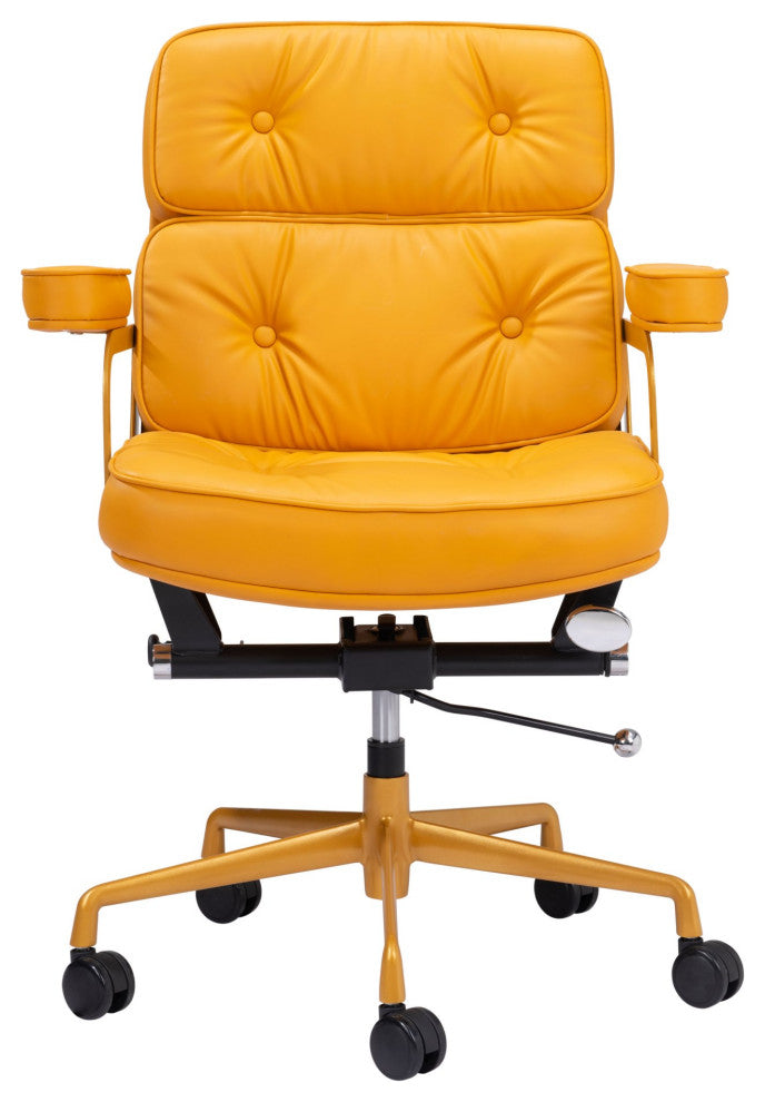 Computer Chair, Faux Vinyl Leather, Steel, Yellow, Mid Century Business Office